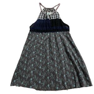 Free People Mixed Media Patchwork Tank Top Size M Blue Combo Plaid‎ Embroidered